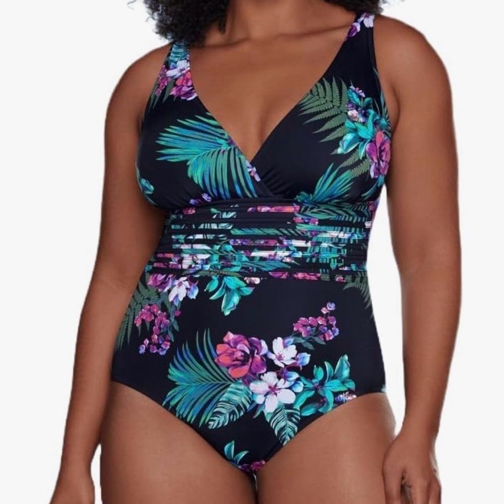 NEW Large Aqua Green Women's UPF 50 One Piece Swimsuit in black floral print